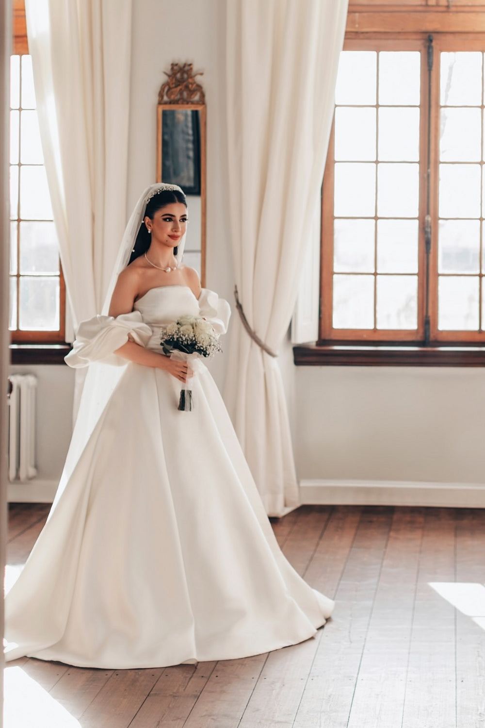 White Wedding Dress A Line Strapless Sleeveless Sweep Train Satin Bridal Gown