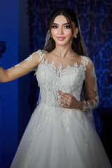 White Wedding Dress A Line Sweetheart Sleeves Tulle Bridal Gown With Appliques