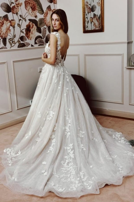 White Wedding Dress A Line V Neck Sleeveless Backless Lace Cathedral Train Bridal Gown With Appliques