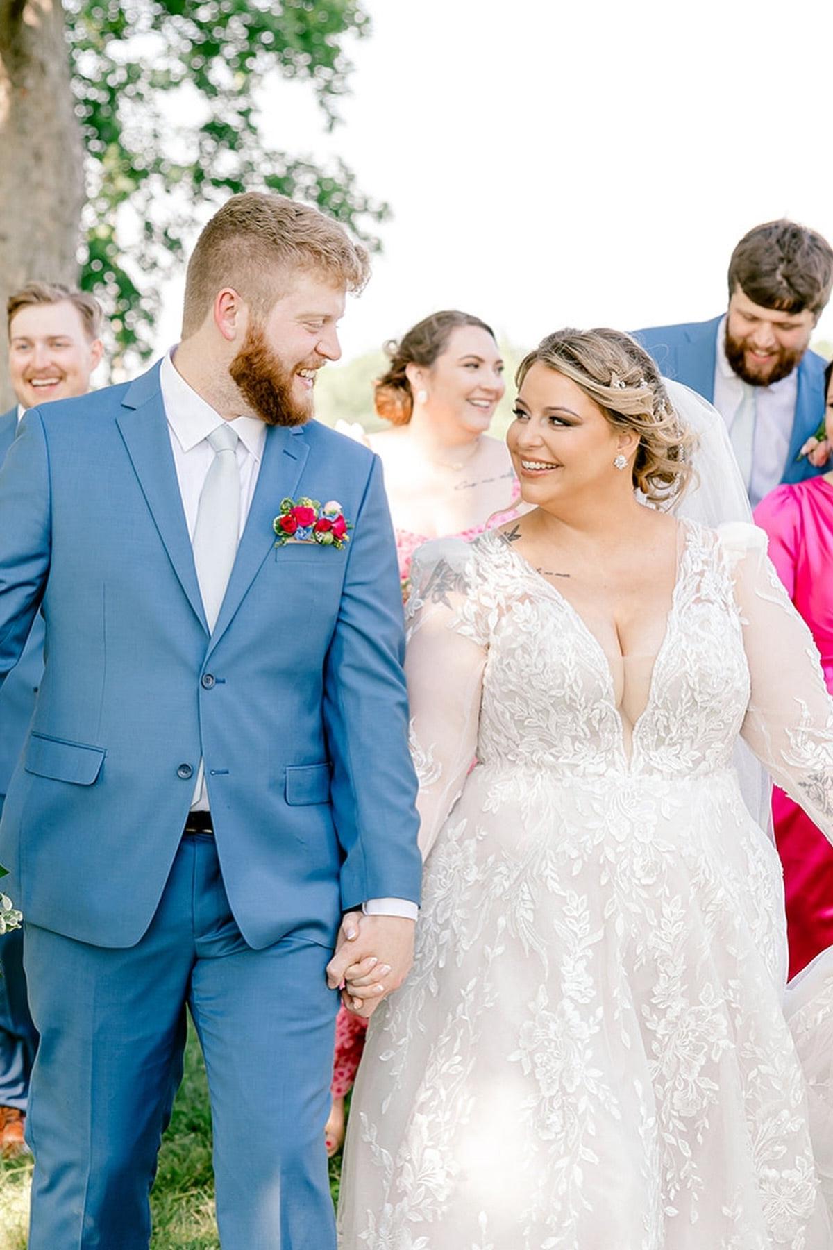 White Wedding Dress A Line V Neck Sleeves Lace Chapel Train Bridal Gown With Appliques