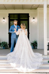 White Wedding Dress A Line V Neck Sleeves Lace Chapel Train Bridal Gown With Appliques