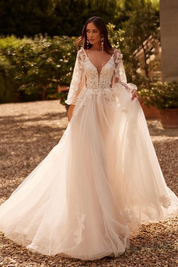 White Wedding Dress A Line V Neck Sleeves Sweep Train Tulle Bridal Gown With Appliques