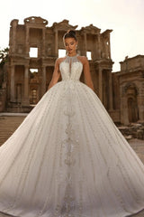 White Wedding Dress Halter A Line Sleeveless Sequined Lace Ball Gown Long Tulle Bridal Gown With Appliques