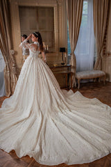 White Wedding Dress High Neck Ball Gown Beaded Sleeves Cathedral Train Lace Bridal Gown With Appliques