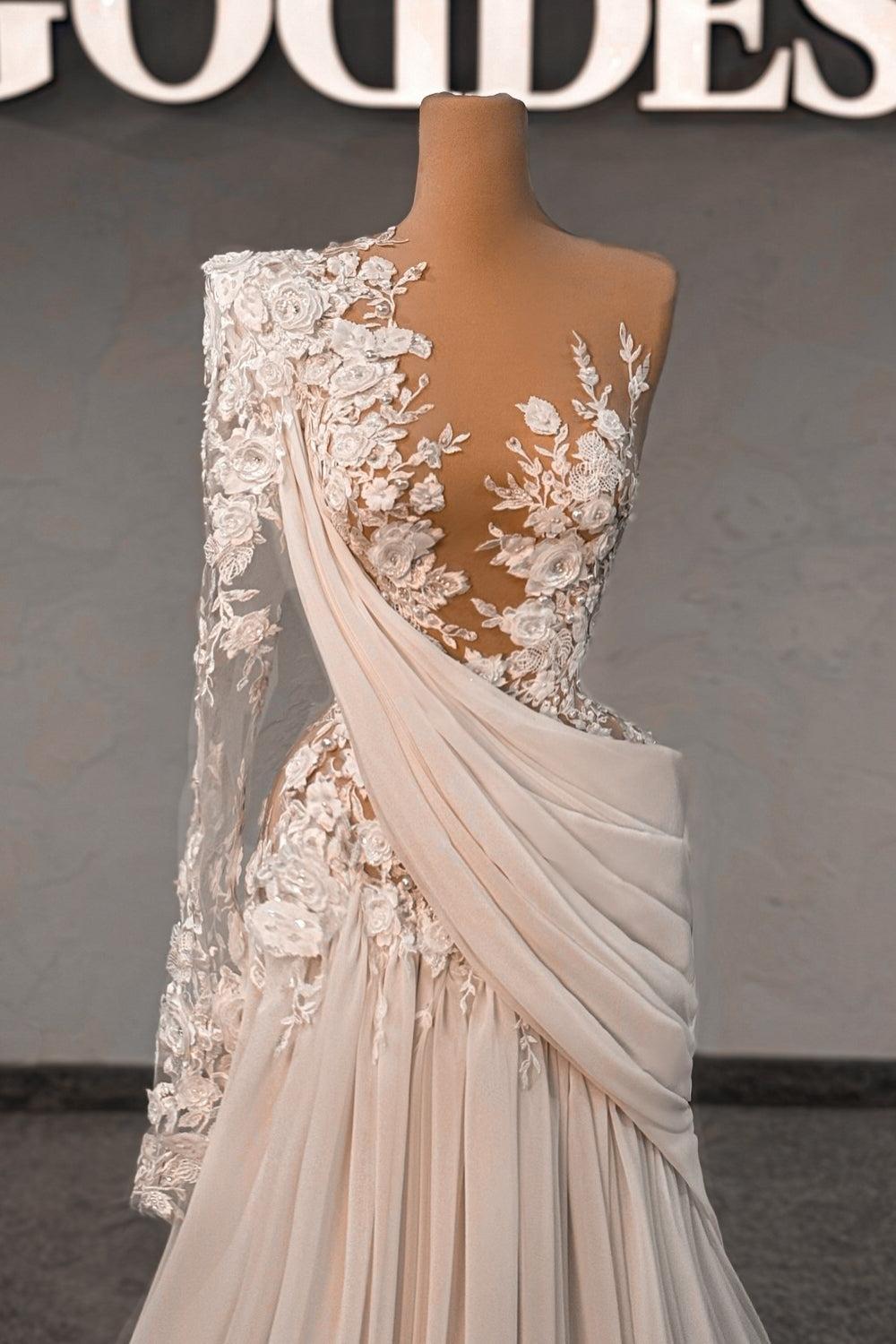 White Wedding Dress Lace A Line One Shoulder Sleeves Beaded Sweep Train Chiffon Ruffle Bridal Gown With Pearls