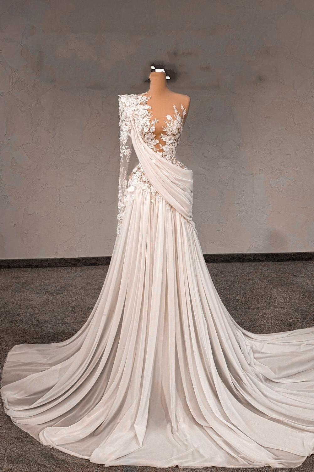 White Wedding Dress Lace A Line One Shoulder Sleeves Beaded Sweep Train Chiffon Ruffle Bridal Gown With Pearls