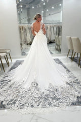 White Wedding Dress Lace A Line V Neck Backless Sleeves Cathedral Train Chiffon Bridal Gown