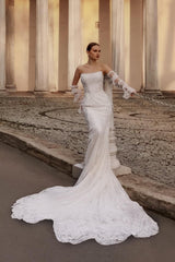 White Wedding Dress Lace Mermaid Strapless Sequined Sleeveless Panel Train Bridal Gown With Appliques