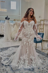 White Wedding Dress Lace Mermaid Sweetheart Sleeveless Sweep Train Tulle Bridal Gown With Appliques