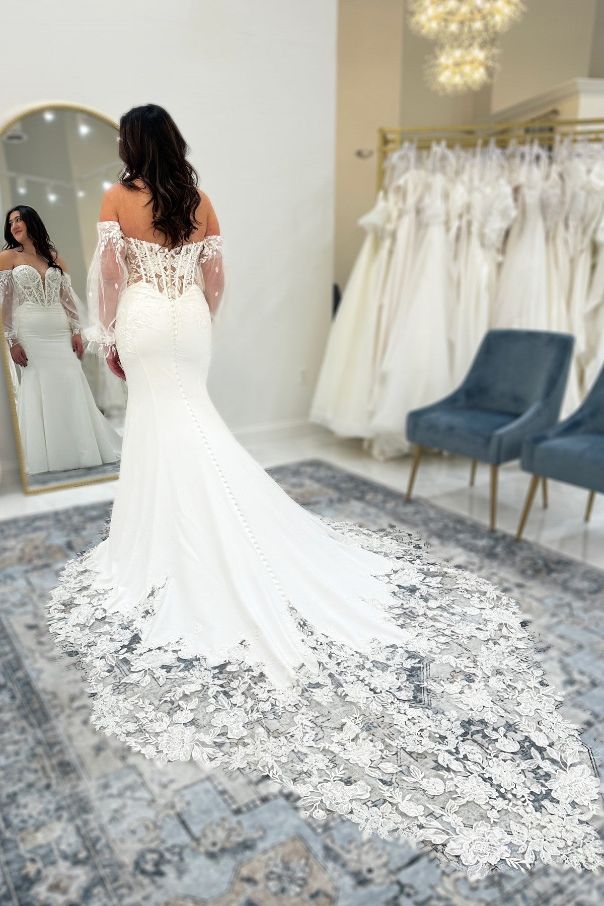 White Wedding Dress Lace Mermaid V Neck Off The Shoulder Sleeves Cathedral Train Satin Bridal Gown