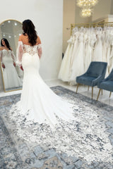 White Wedding Dress Lace Mermaid V Neck Off The Shoulder Sleeves Cathedral Train Satin Bridal Gown