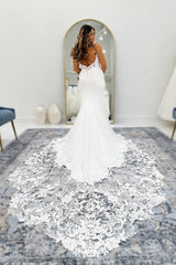 White Wedding Dress Lace Mermaid V Neck Spaghetti Strap Sleeveless Backless Cathedral Train Satin Bridal Gown