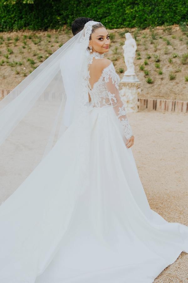 White Wedding Dress Mermaid High Neck Lace Satin Ruffle Detachable Panel Train Bridal Gown With Appliques