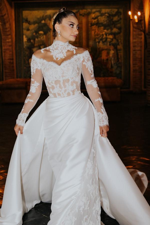 White Wedding Dress Mermaid High Neck Lace Satin Ruffle Detachable Panel Train Bridal Gown With Appliques