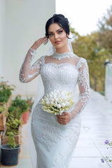 White Wedding Dress Mermaid High Neck Lace Sleeves Sequined Tulle Bridal Gown With Appliques