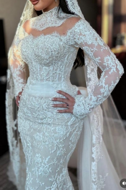 White Wedding Dress Mermaid High Neck Sequined Long Sleeve Panel Train Lace Bridal Gown With Appliques
