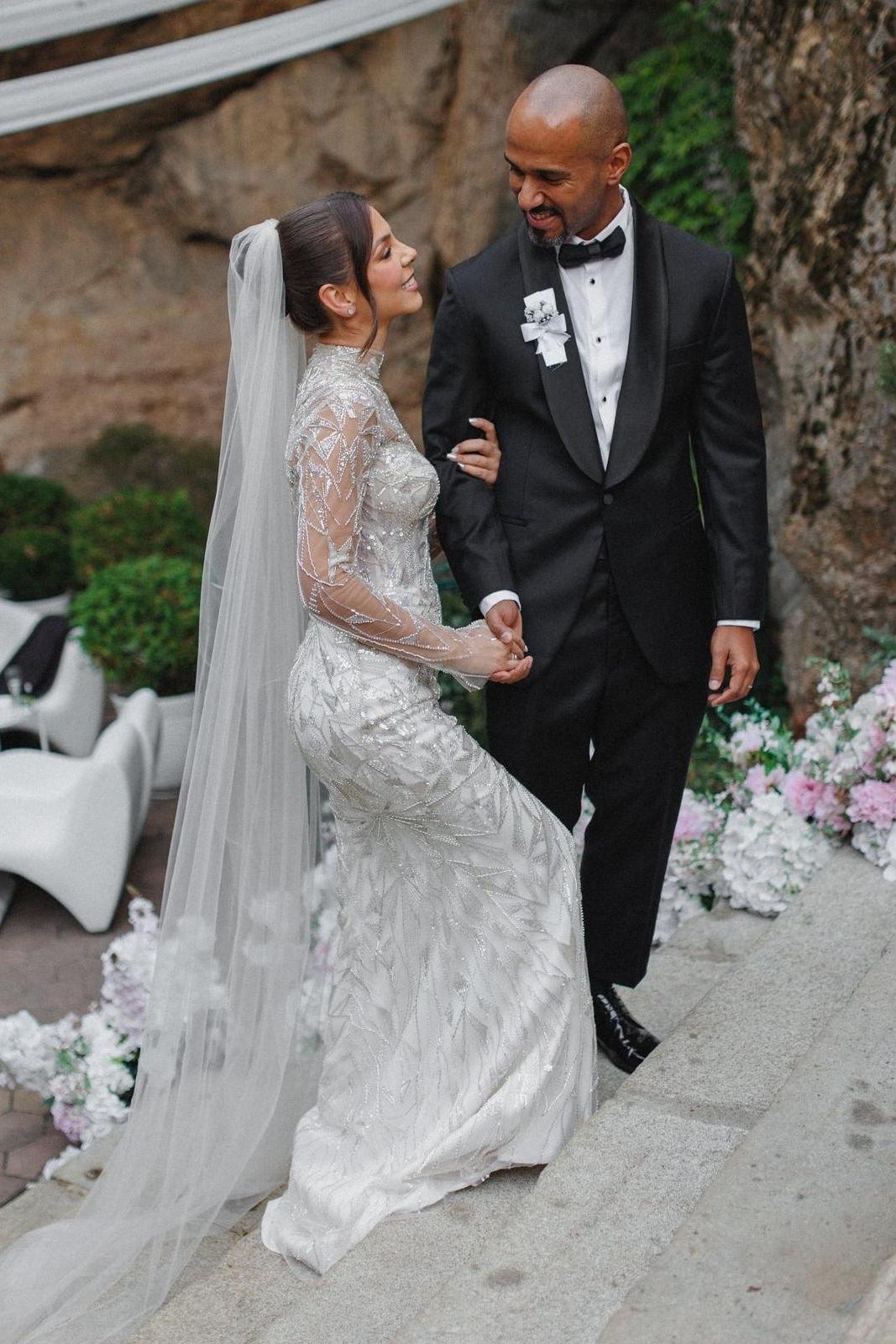 White Wedding Dress Mermaid High Neck Sleeves Beaded Sweep Train Tulle Bridal Gown With Sequins