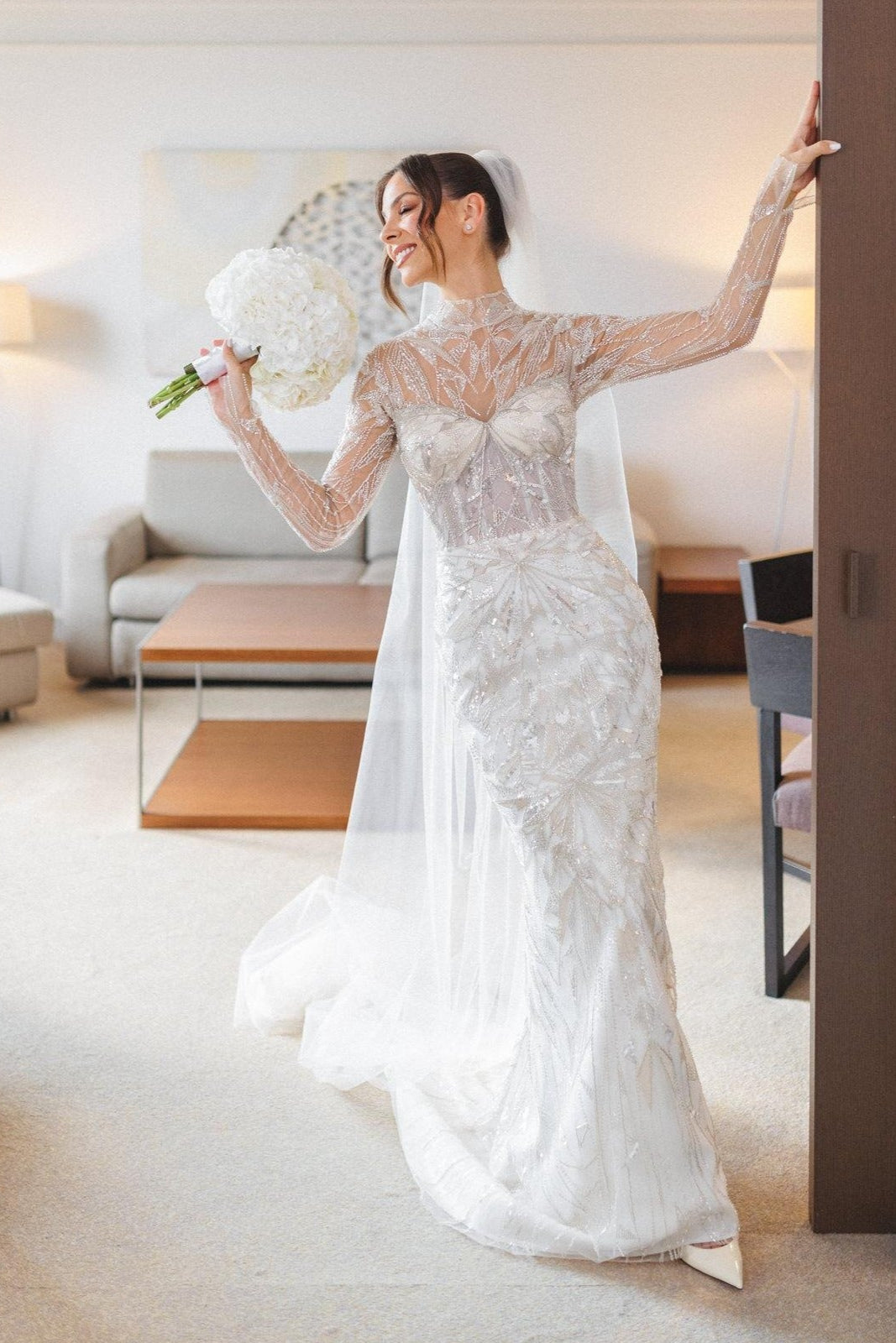 White Wedding Dress Mermaid High Neck Sleeves Beaded Sweep Train Tulle Bridal Gown With Sequins
