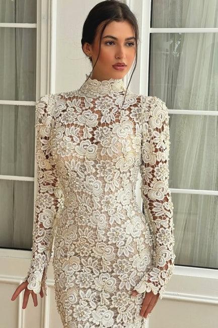 White Wedding Dress Mermaid High Neck Sleeves Floor Length Lace Bridal Gown With Pearls