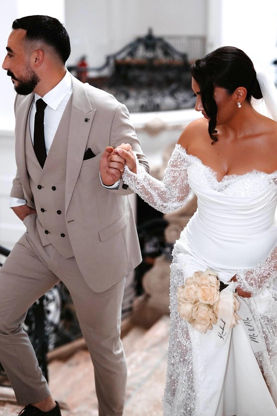 White Wedding Dress Mermaid Lace Off The Shoulder Beaded Chapel Train Bridal Gown With Appliques