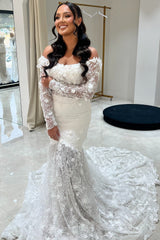 White Wedding Dress Mermaid Lace Off The Shoulder Beaded Chapel Train Bridal Gown With Appliques