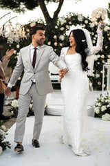 White Wedding Dress Mermaid Lace Square Sleeves Beaded Bridal Gown With Pearls