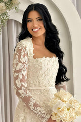 White Wedding Dress Mermaid Lace Square Sleeves Beaded Bridal Gown With Pearls