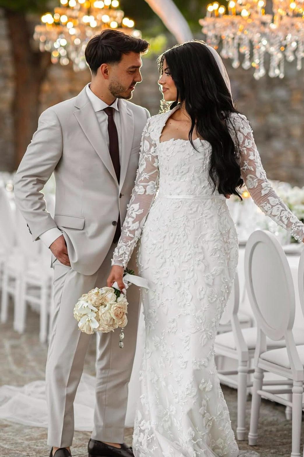 White Wedding Dress Mermaid Lace Square Sleeves Beaded Bridal Gown With Pearls