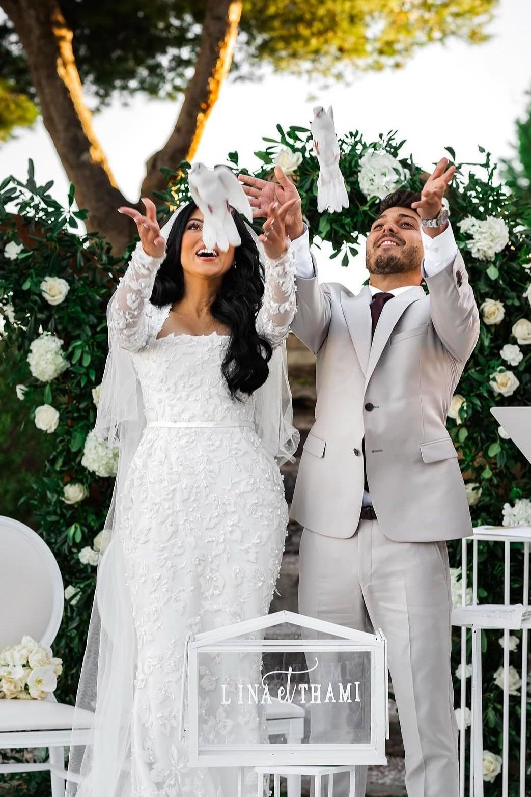 White Wedding Dress Mermaid Lace Square Sleeves Beaded Bridal Gown With Pearls