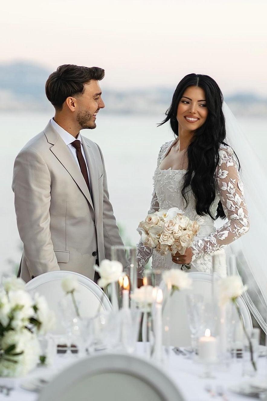 White Wedding Dress Mermaid Lace Square Sleeves Beaded Bridal Gown With Pearls