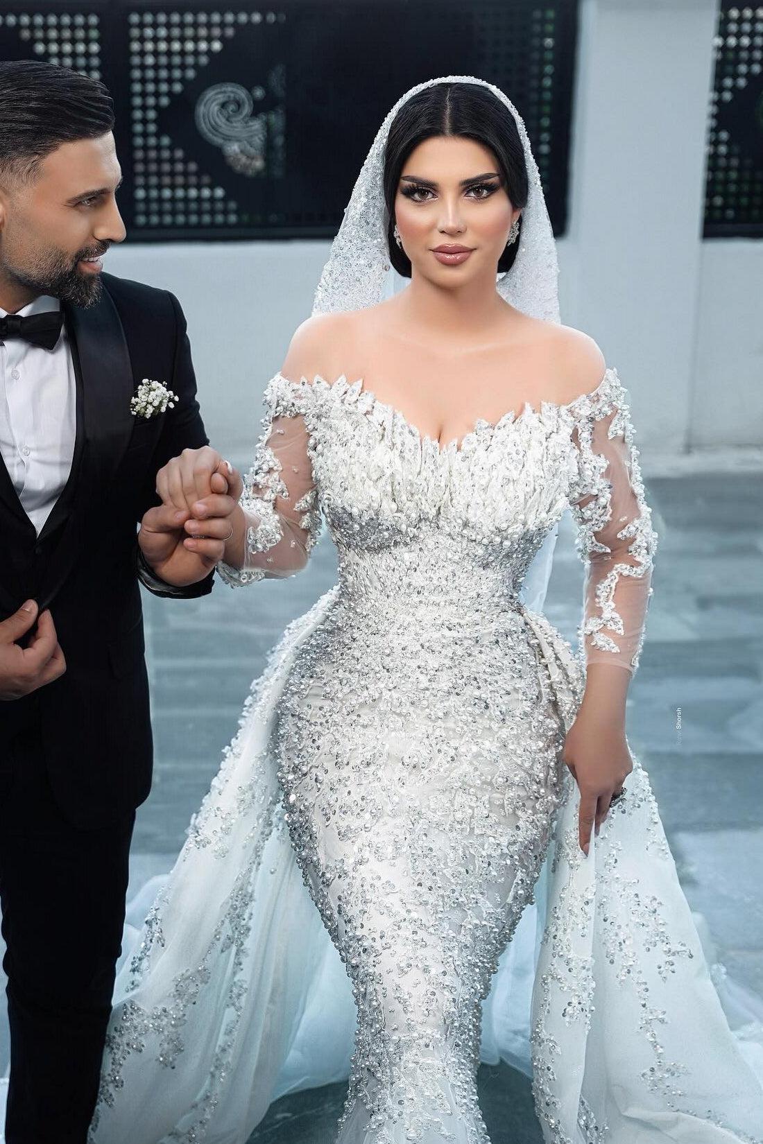 White Wedding Dress Mermaid Off The Shoulder Beaded Sequined Detachable Panel Train Tulle Bridal Gown