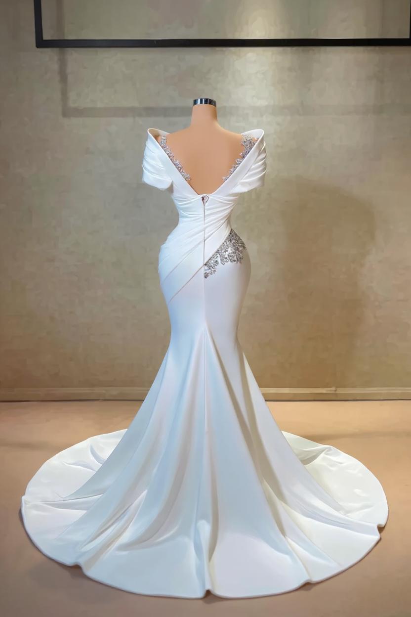 White Wedding Dress Mermaid Off The Shoulder Lace Satin Bridal Gown With Rhinestones