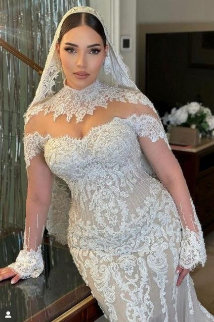 White Wedding Dress Mermaid Sleeves High Neck Lace Cathedral Train Tulle Bridal Gown