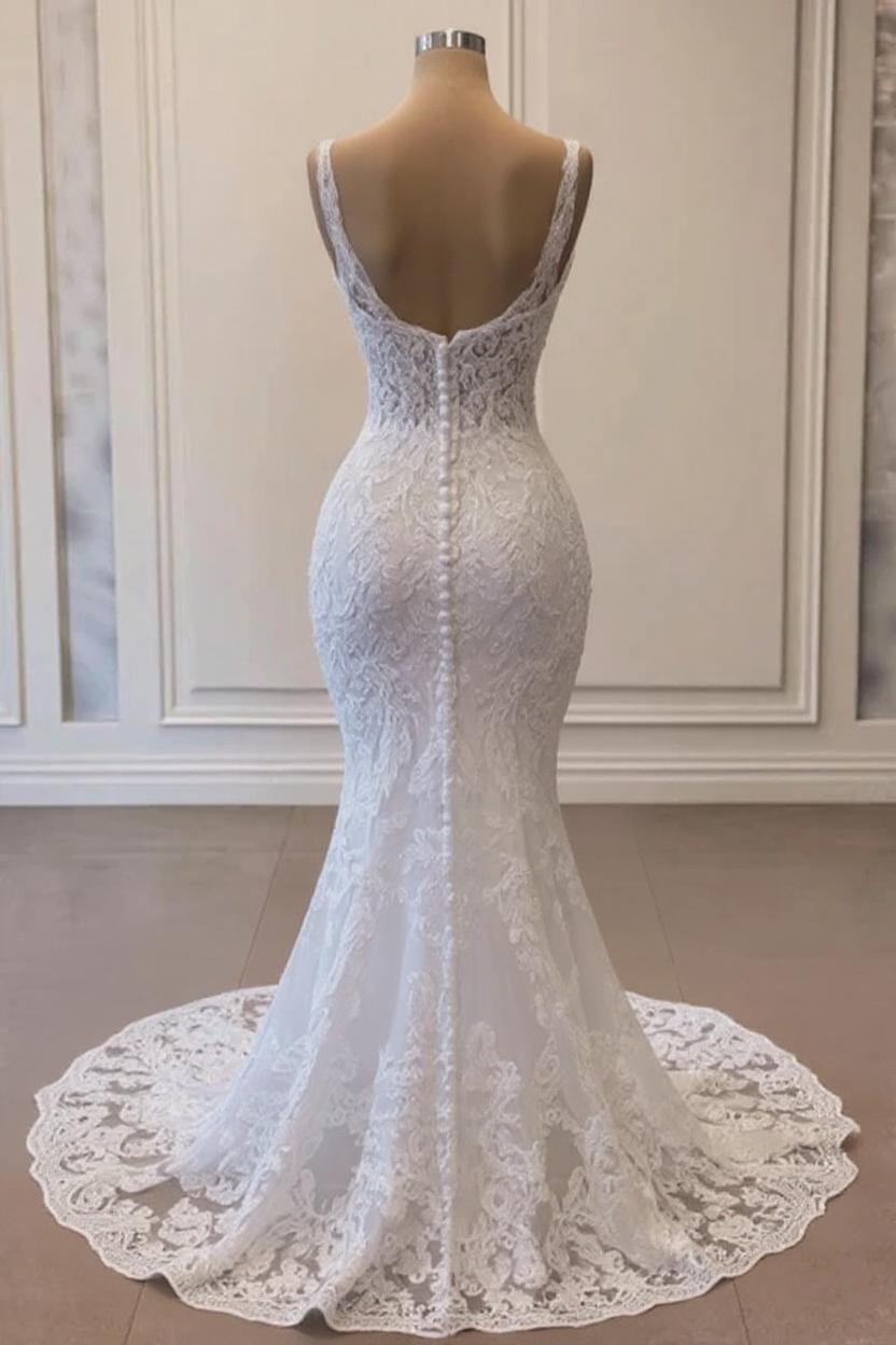 White Wedding Dress Mermaid Spaghetti Strap V Neck Beaded Lace Sweep Train Tulle Bridal Gown