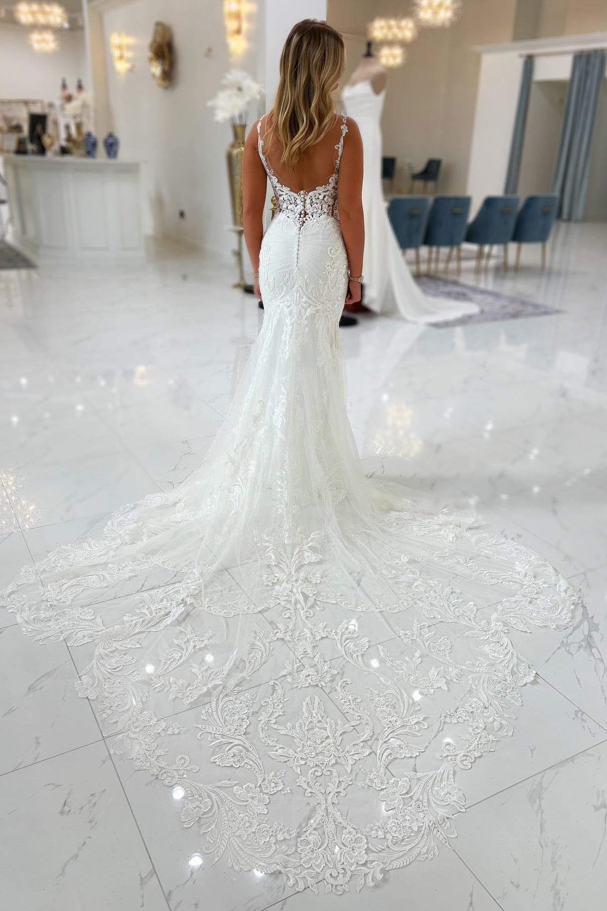 White Wedding Dress Mermaid Spaghetti Straps V Neck Lace Beaded Tulle Bridal Gown With Appliques