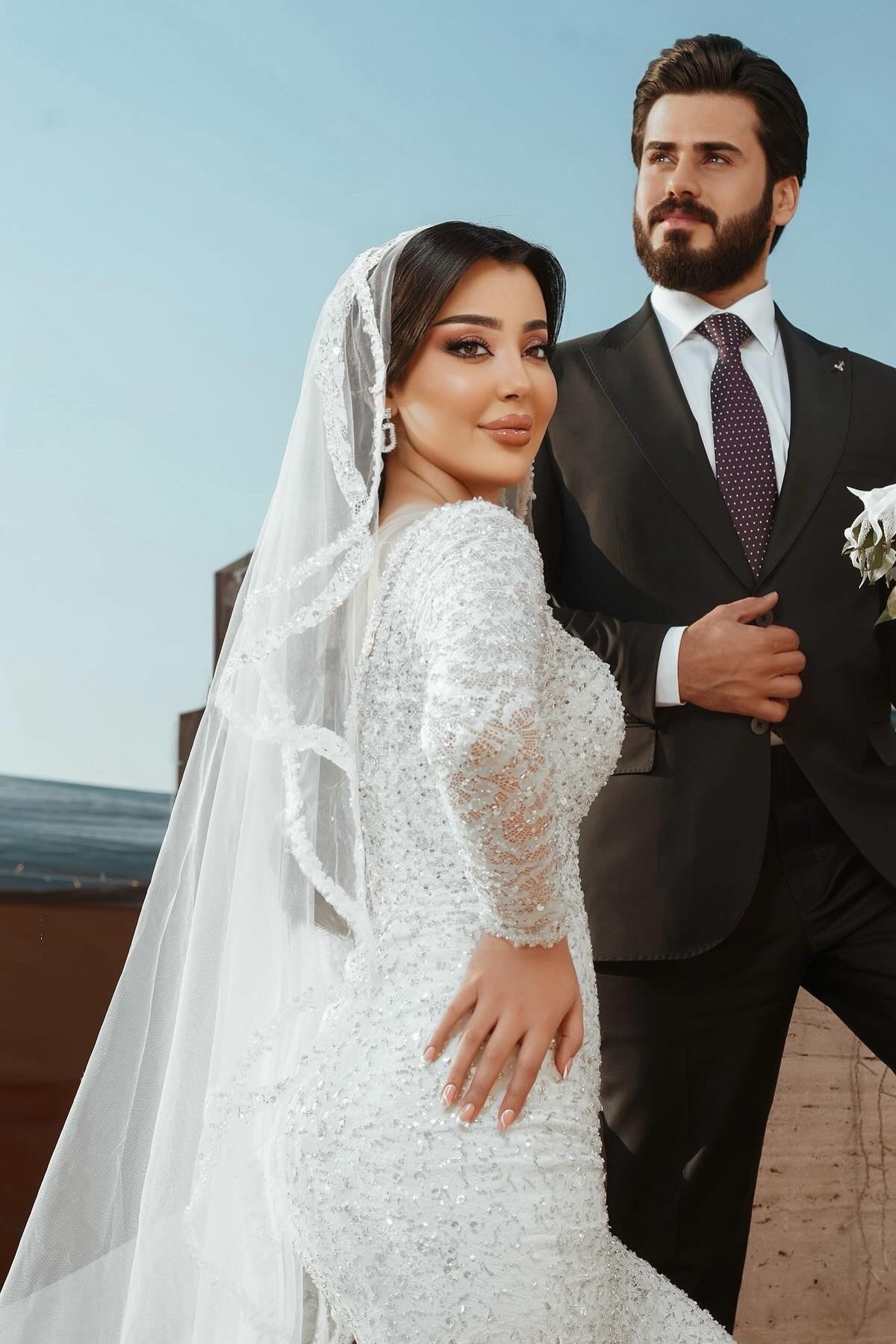 White Wedding Dress Mermaid Square Long Sleeves Sequined Lace Sweep Train Long Tulle Bridal Gown