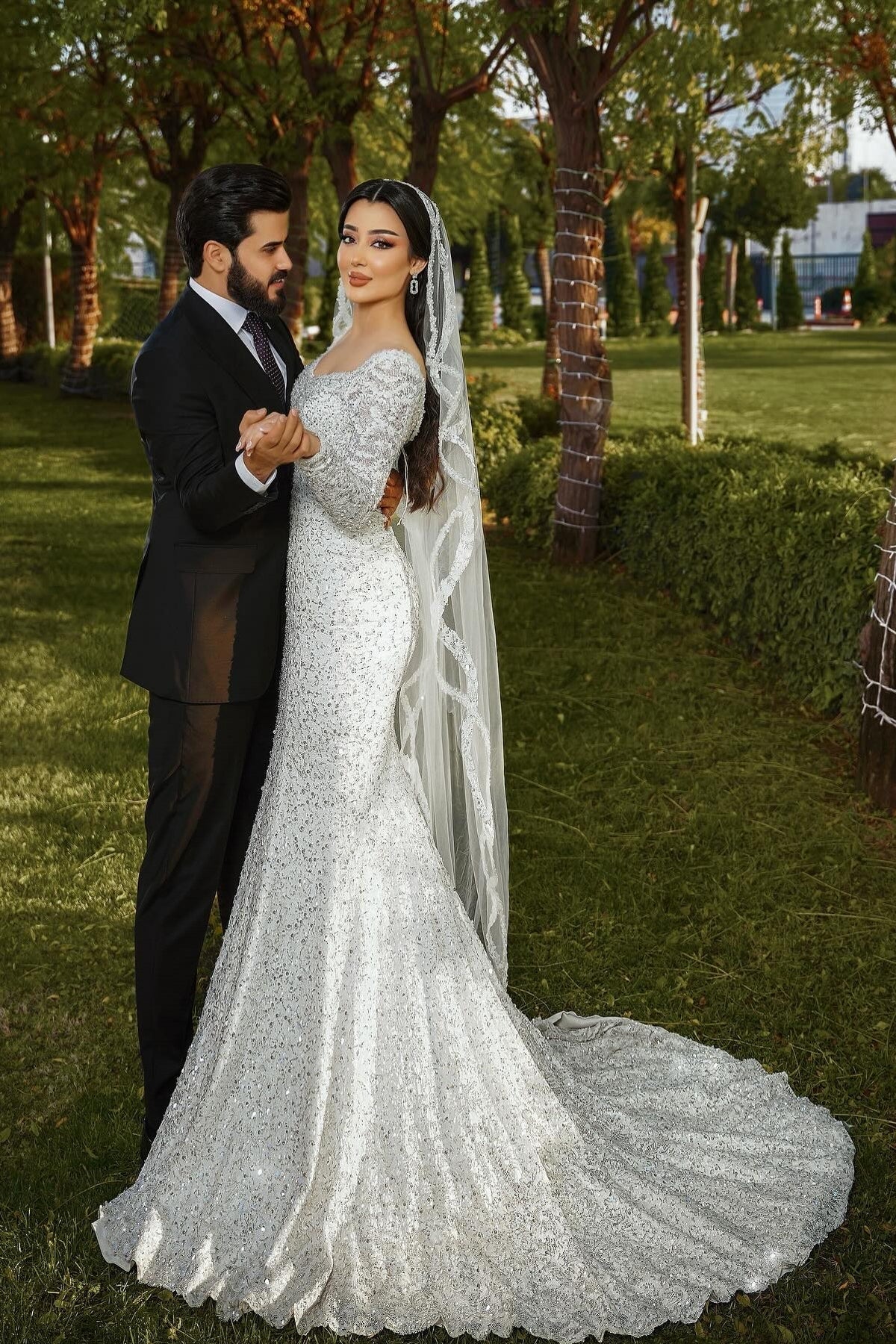 White Wedding Dress Mermaid Square Long Sleeves Sequined Lace Sweep Train Long Tulle Bridal Gown