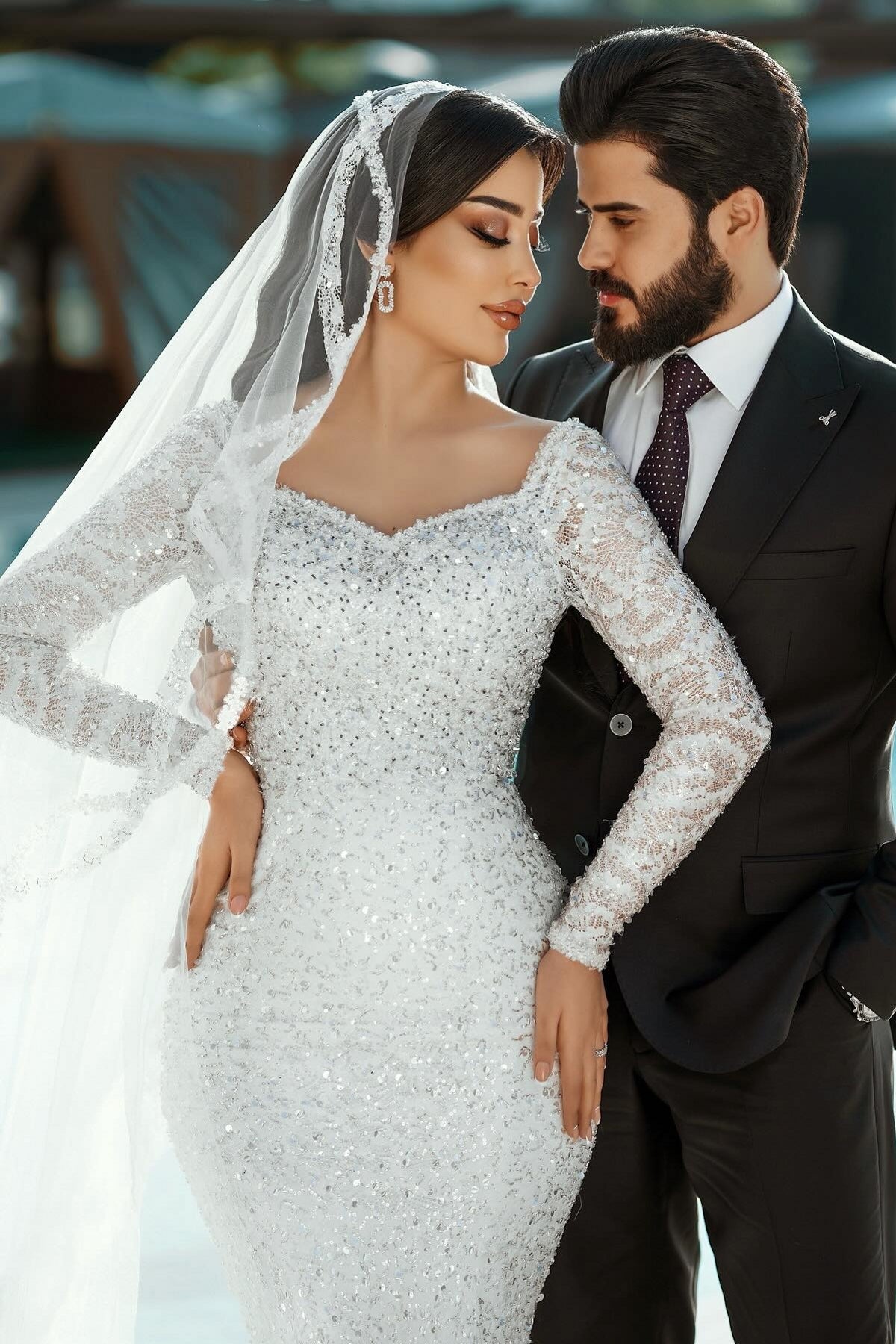 White Wedding Dress Mermaid Square Long Sleeves Sequined Lace Sweep Train Long Tulle Bridal Gown
