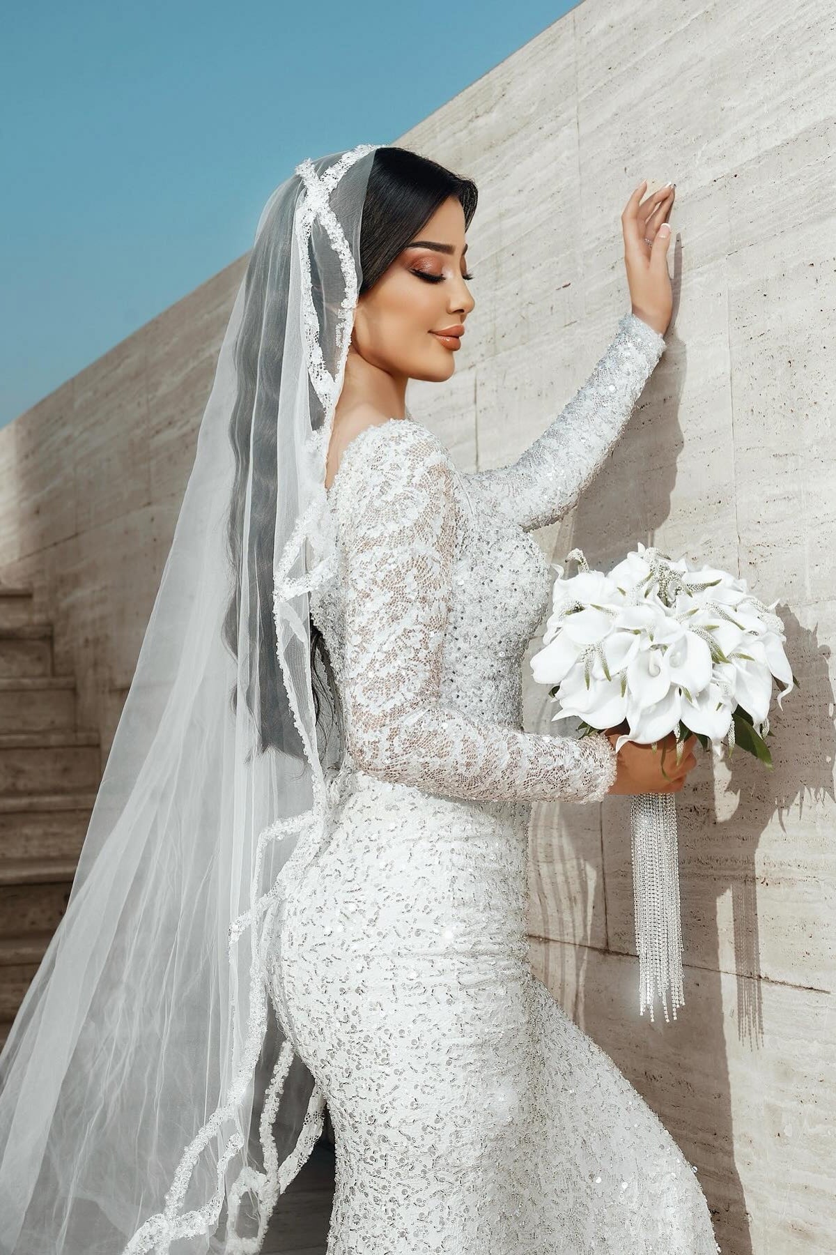 White Wedding Dress Mermaid Square Long Sleeves Sequined Lace Sweep Train Long Tulle Bridal Gown