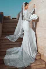 White Wedding Dress Mermaid Square Sleeves Sequined Lace Sweep Train Tulle Bridal Gown