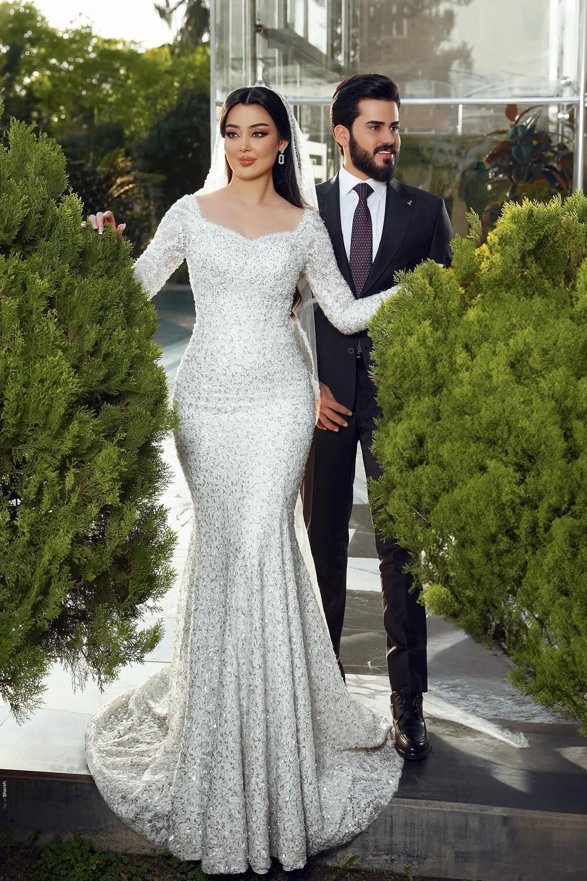 White Wedding Dress Mermaid Square Sleeves Sequined Lace Sweep Train Tulle Bridal Gown