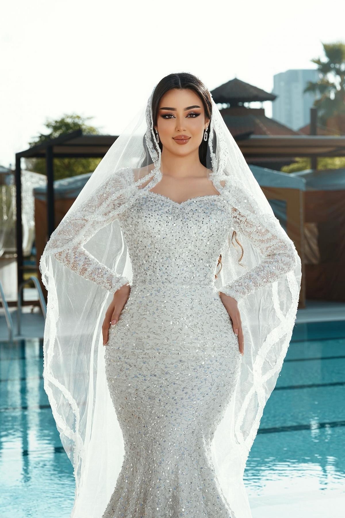 White Wedding Dress Mermaid Square Sleeves Sequined Lace Sweep Train Tulle Bridal Gown