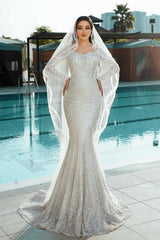 White Wedding Dress Mermaid Square Sleeves Sequined Lace Sweep Train Tulle Bridal Gown