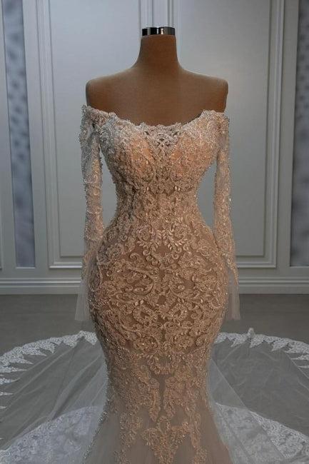 White Wedding Dress Mermaid Strapless Beaded Off The Shoulder Sleeve Chapel Train Lace Bridal Gown