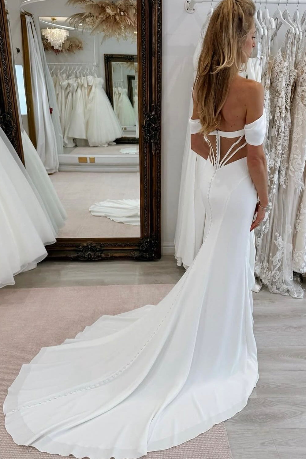 White Wedding Dress Mermaid Strapless Off The Shoulder Sleeveless Chapel Train Satin Bridal Gown With Slit