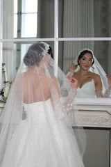 White Wedding Dress Mermaid Strapless Sleeveless Lace Bridal Gown With Detachable Panel Train