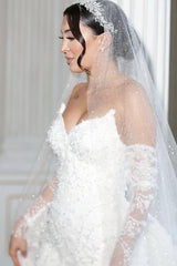 White Wedding Dress Mermaid Strapless Sleeveless Lace Bridal Gown With Detachable Panel Train