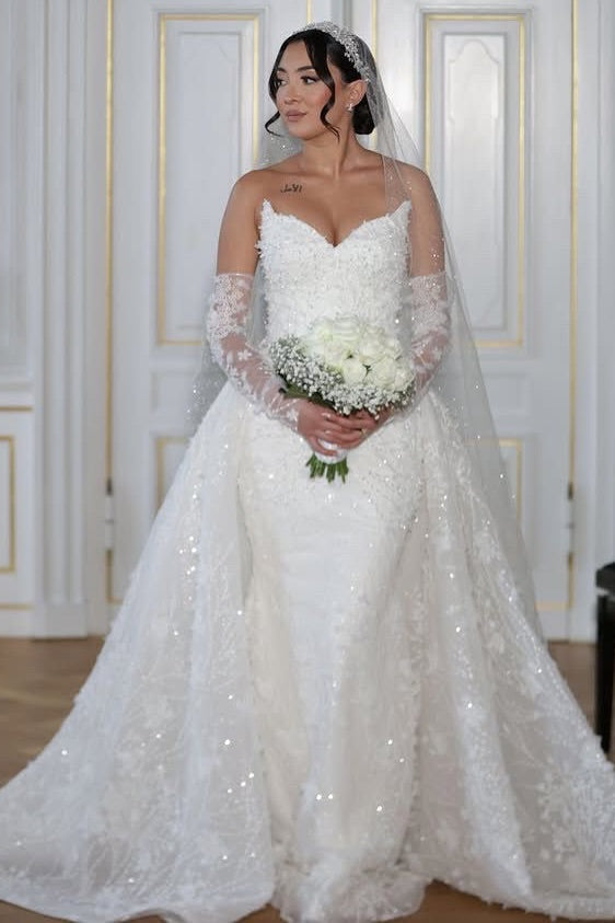 White Wedding Dress Mermaid Strapless Sleeveless Lace Bridal Gown With Detachable Panel Train
