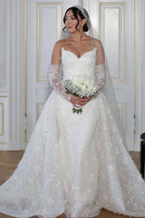 White Wedding Dress Mermaid Strapless Sleeveless Lace Bridal Gown With Detachable Panel Train