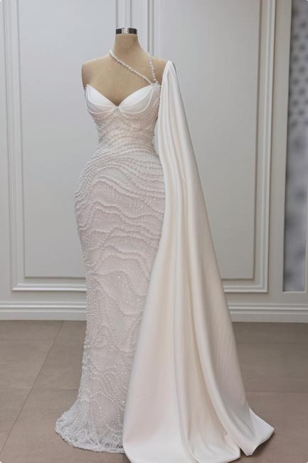White Wedding Dress Mermaid Sweetheart Beaded Off The Shoulder Cap Sleeve Satin Bridal Gown With Pearls